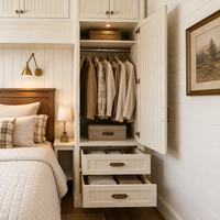 Système d'ameublement de chambre sur mesure intégré avec armoire intégrée, panneaux muraux et rangement au-dessus du lit