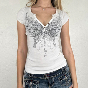 T-shirt côtelé blanc à imprimé papillon pour femme avec boutons, col en V, manches courtes, coupe ajustée, haut décontracté, nouveau style 2026 - Product Image 1