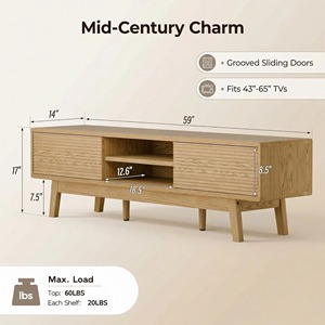Console <span class=keywords><strong>TV</strong></span> moderne du milieu du siècle de 59 pouces pour téléviseurs de 43/55/65 pouces, meuble <span class=keywords><strong>TV</strong></span> avec portes coulissantes cannelées - Product Image 3