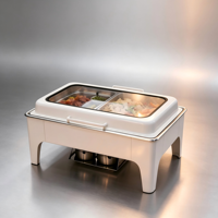 Chauffe-Plat Buffet en Acier Inoxydable 9L avec Couvercle en Verre, Motif Marbre 3D par Transfert d'Eau, Économe en Énergie, pour Hôtels