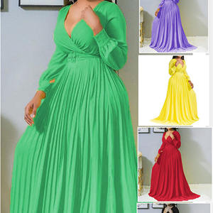 Robe longue en mousseline vintage taille empire pour femme, été <span class=keywords><strong>2022</strong></span>, col en V profond, jupe plissée devant, couleur unie, coupe évasée - Product Image 2