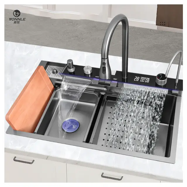 New home digital display kitchen sink waterfall modern kitchen sink stainless steel kitchen