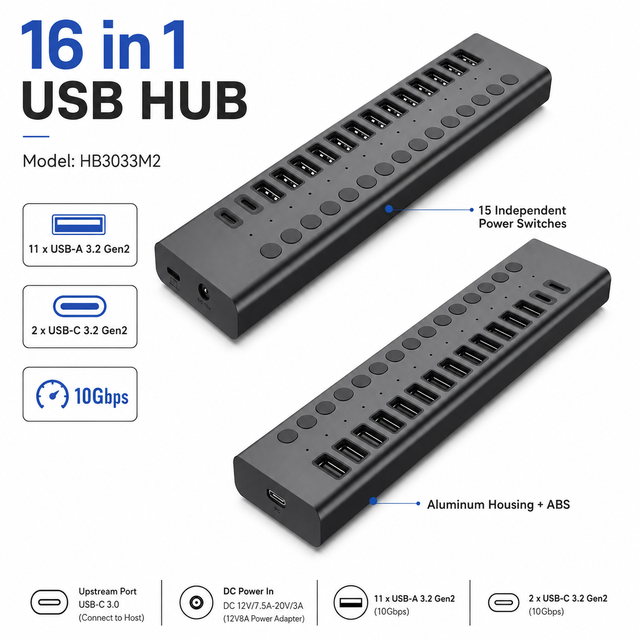 16-in-1 Powered USB 3.2 Gen2 Hub, 10Gbps, 14x USB-A + 2x USB-C, QC3.0, Individual Switches, Aluminum Multiport Hub