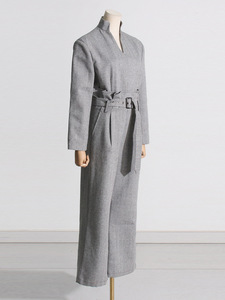 2024 primavera di Design di nicchia cintura con scollo a V Patchwork tuta grigia abbigliamento da donna Sexy manica lunga abiti aderenti eleganti da donna - Product Image 3