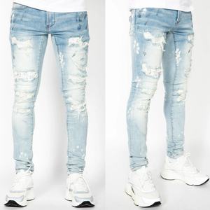 Popular <b>Slim</b> Fitting Custom Rhinestone logo <b>Patch</b> Distressed Men Wash Jeans - Product Image 4