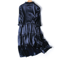 Qualité supérieure manches longues genou longueur 100% robe en soie bouton Up femmes mûrier Satin soie robe