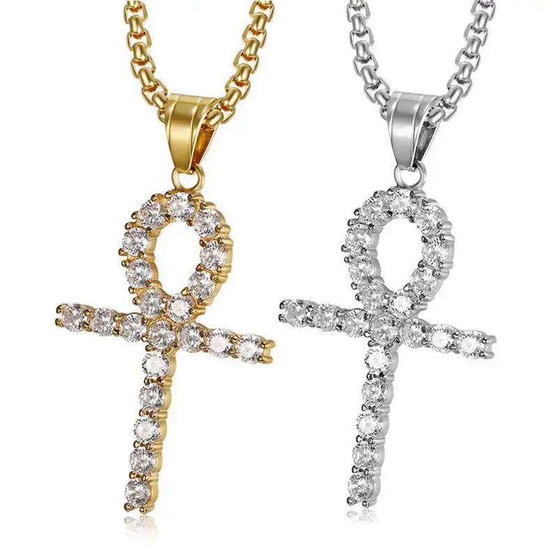 Stainless Steel Gold Diamond CZ Crystal Cross Pendant Ankh Jewelry