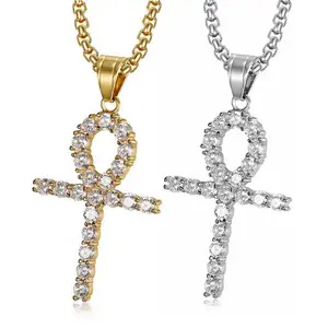 Aço Inoxidável Ouro Diamante CZ Crystal Cross Pendant Ankh Jóias