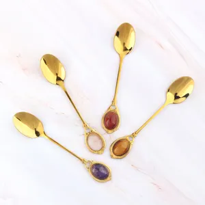 FengShui High Quality Gold coffee spoon Various materials gem Natural crystal stainless steel coffee mixing spoon Crystal spoon