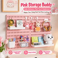 Étagère murale rose avec panneau perforé, organiseur avec crochets et bacs pour chambre à coucher et coiffeuse