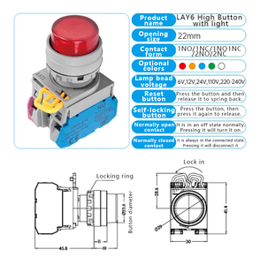 LAY6 Series 22mm 10A Current Press-Type Button Switch Self-Resetting Self-Locking Plastic Metal Material 250V in Stock - Product Image 4