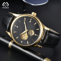 Montre mécanique automatique pour homme, boîtier en acier inoxydable décontracté personnalisé, cadran à aiguilles, bracelet en cuir, résistance à l'eau 10 bars, design creux