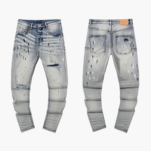   <span class=keywords><strong>Jean</strong></span> bleu clair pour <span class=keywords><strong>homme</strong></span>, style urbain, déchiré, motif éclaboussures d'encre, denim vintage délavé, coupe slim stretch, pantalon en <span class=keywords><strong>jean</strong></span> de créateur - Product Image 1