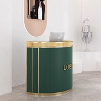Bureau d'Accueil Incurvé Moderne Luxe Design, Structure en Acier Inoxydable Doré, Petite Table Ronde pour Magasin, Salon de Beauté