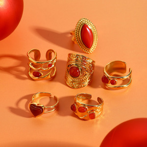 Elegant Red Agate <b>Ring</b> <b>Set</b> <b>Gold</b> Tone Geometric Heart Oval Open Face Unisex Party Jewelry - Product Image 3