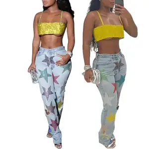 Atacado de Alta Qualidade Moq 1 Peça Mulheres Jeans 2023 Designer de Moda Glitter Star Impresso Rasgado Jeans Reta Para As Mulheres