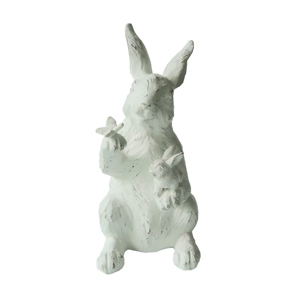 バタフライレジンバニー置物母と赤ちゃんとアンティークの白い樹脂立っているウサギの像イースターの装飾