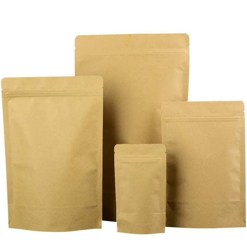 Sacs en papier kraft brun refermable sur mesure, stockage étanche, emballage alimentaire pour riz, sacs de support à fermeture éclair