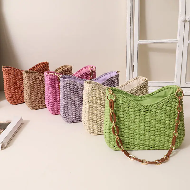 Pequeño bolso de mano de paja hecho a mano, bandolera de moda, bolso de mano de paja personalizado para mujer de lujo