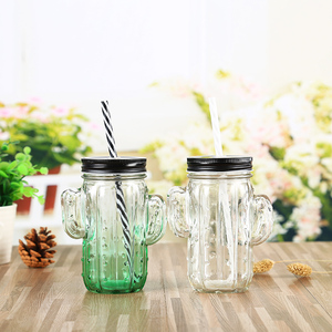 Sáng Tạo Cây Xương Rồng Hình Gradient Màu Thủy Tinh Bia Cốc 450Ml Nước Trái Cây Sữa Uống Cup Với Xử Lý Và Rơm - Product Image 2