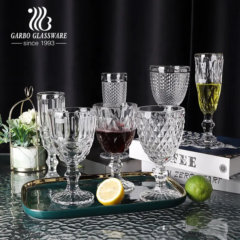 Calice in vetro calice vintage trasparente serie rombo diamante modello in rilievo bicchiere da vino tazza flauto di champagne set con stelo ottagono