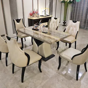 Luxury Elegant Restaurant Dining Table And 4 6 8 Chair Set Furniture Marble Top Rectangular Wood Dining Table Set 6 Seater