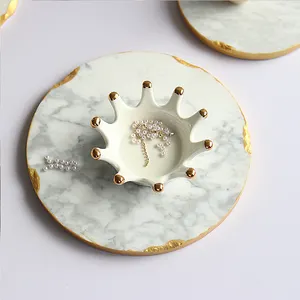 Nordic Style Gold Edge Marble Round Board Marble Plate Home Decoration Marble Round Plate Board For Hotel