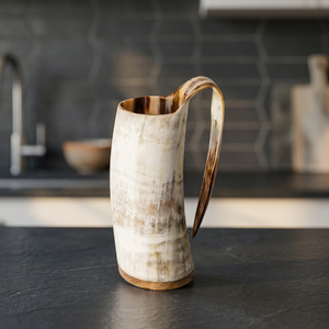 Antique 1L Polished Ox Horn Mug Customizable Logo B.S INTERNATIONAL American Style Bamboo Lid Wine Beer Camping Eco-Friendly - Product Image 1