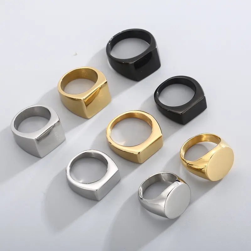 Atacado Jóias Finger Rings Preto 18k Gold Plated Stainless Steel Custom Logo Gravado Anel de Sinete Geométrico Para Homens