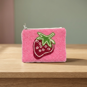 Porte-monnaie perlé fait main, pochette brodée fraise, porte-cartes zippé, mini sac à monnaie, cadeau pour femme - Product Image 2