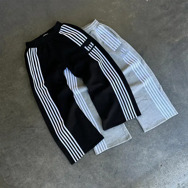 Custom Summer Lightweight Zipper Side Striped Wide Leg Sporty Pants Men Streetwear cotton Track Pants Flared Sweatpants