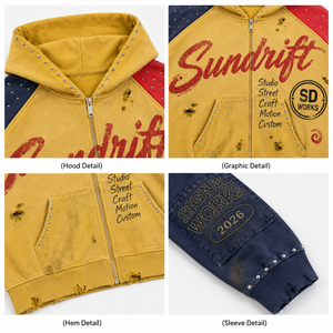เสื้อฮู้ดดี้ผู้ชายแบบซิป OEM 500Gsm ผ้าเฟรนช์เทอร์รี่ ล้างแบบวินเทจ ประดับคริสตัล แต่งลายปะติด กระเป๋าคาร์โก้ สไตล์สตรีทแวร์ แบบสั่งทำพิเศษ - Product Image 3