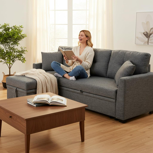 Sofá Esquinero en Forma de L Convertible de Lino OEM con Espacio de Almacenamiento, Sofá Cama Seccional con Cama Extraíble 2 en 1 - Product Image 2