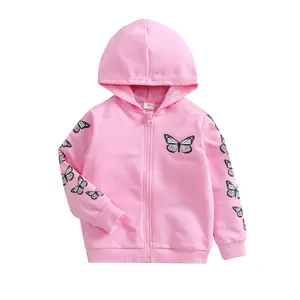 Yiwu Yiyuan Garment kids children girls pink jacket 100% cotton fabric zipper girl coat offset print butterflies baby outerwear