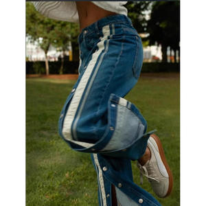 Usine directe européenne américaine rétro mode nouveau pantalon en jean à jambes larges pour les femmes rangée fendue couleur correspondant Style de personnalité - Product Image 3