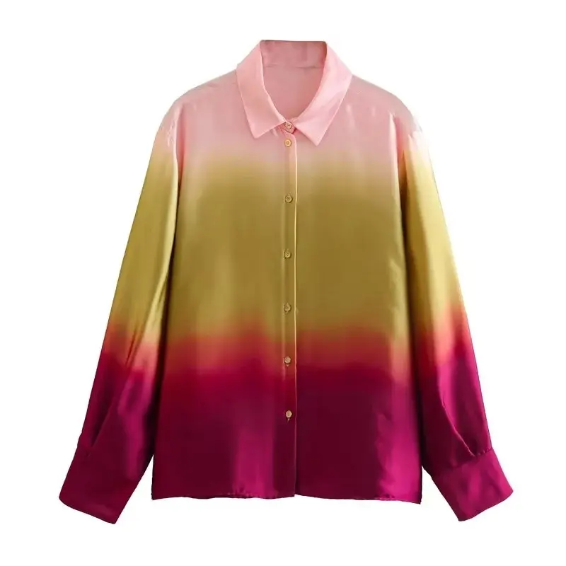 2023 spring New Fashion tie dye Print Blouses Vintage Long Sleeve Button up Female Shirts Chic Tops