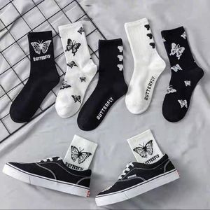 Women's Butterfly Crew Socks Black White Mid-Calf Anti-Odor Casual Socks For Autumn Winter - Product Image 2