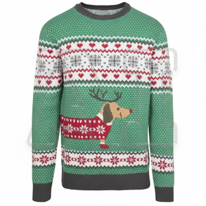 <b>Mens</b> Christmas Sweater Green Reindeer Dog Print Winter Knit Pullover Festive Holiday Party Wear Warm Stylish Funny Casual Jumper - Product Image 1