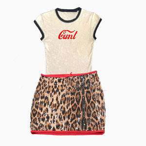 Estate Casual 2 pezzi Set corto vestito lettera stampata O collo t-shirt paillettes Zebra pantaloncini leopardati alla moda Set due pezzi - Product Image 3