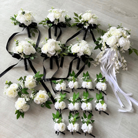 Bunga Bola Buatan Putih untuk Pengantin & Pengiring Pengantin, Rangkaian Bunga, Bunga Pergelangan Tangan & Set Boutonniere untuk Dekorasi Meja Pernikahan
