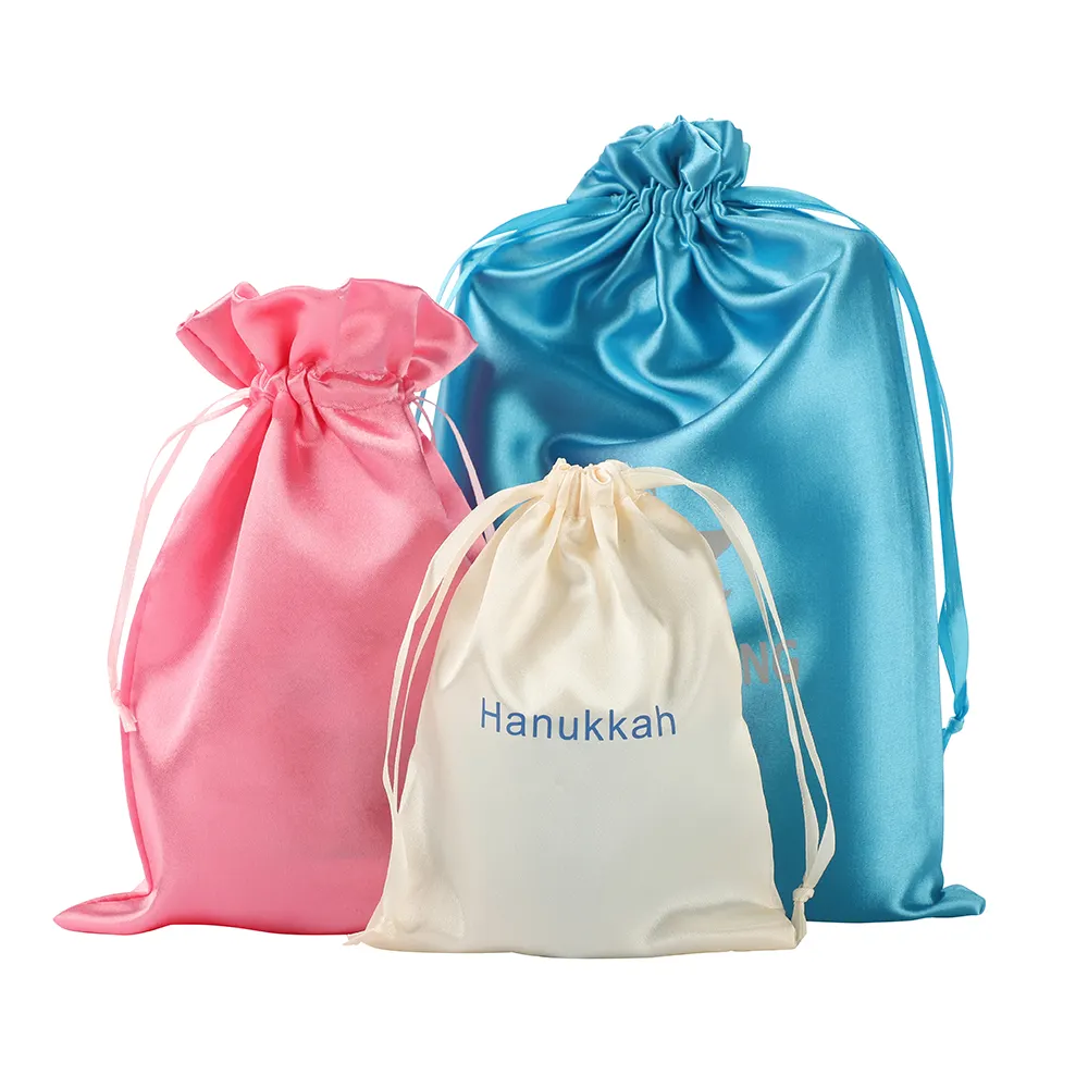 Sacchetto del sacchetto dell'imballaggio del regalo di seta del raso del cordone dell'oro rosa variopinto stampato Logo