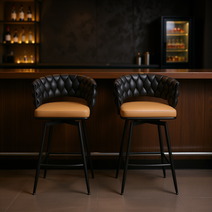 Juego de 2 Taburetes de Bar de Cuero Tejido, Giratorios 360°, Asiento Color Bronceado, Patas Negras, Diseño Contemporáneo, Muebles de Bar - Product Image 2