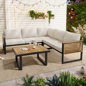 Canapé d'angle <span class=keywords><strong>de</strong></span> patio 4 pièces <span class=keywords><strong>en</strong></span> bois d'acacia avec structure métallique, coussins imperméables <span class=keywords><strong>en</strong></span> peluche, style industriel, convertible <span class=keywords><strong>en</strong></span> lit - Product Image 1