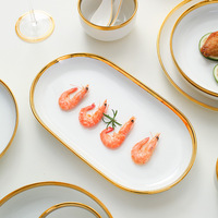 Vaisselle écologique pour hôtels, ensembles d'assiettes à dîner en porcelaine céramique de luxe, glaçure de couleur nordique, bordure dorée marbrée