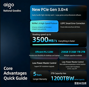 Aigo P3500PCIe 3.0X4 256GB SSD硬盘 M.2接口 NVMe协议 原装TLC 台式机笔记本电脑通用 读取速度3500MB/s - Product Image 4