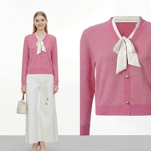 Cardigan da Donna in Maglia con Effetto Due Pezzi, Scollo a V con Fiocco, Bottoni in Perla, Maniche Lunghe, Colore Viola - Product Image 1