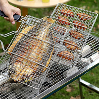 Cesta de Grelhar Antiaderente Dobrável para Churrasco, Cesta para Grelhar Peixe, Legumes, Bife e Carne com Cabo Longo e Escova