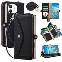 Étui portefeuille multifonction en cuir à bandoulière pour iPhone 11/12 Pro/XR/XsMax/8 Plus/16E avec fermeture éclair
