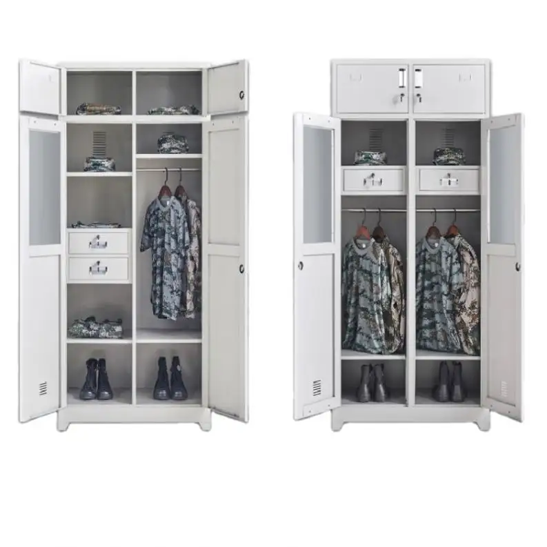 2023 pabrik foshan menggunakan kabinet baja lemari pakaian pintu ayunan kabinet penyimpanan pakaian dengan laci dalam