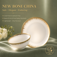 Service de table élégant en porcelaine fine (18 pièces) avec bordure dorée, en boîte cadeau colorée, idéal pour mariage ou cadeau de mariée - Vente en gros